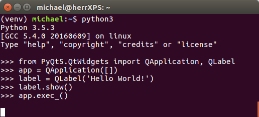 Python code of a Hello World PyQt app on Ubuntu Linux