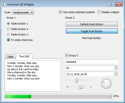 Screenshot of the most common Qt widgets