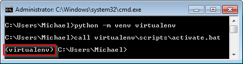 Screenshot of an activate Python 3 virtual environment on Windows
