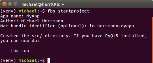 Output of the startproject command of fman build system