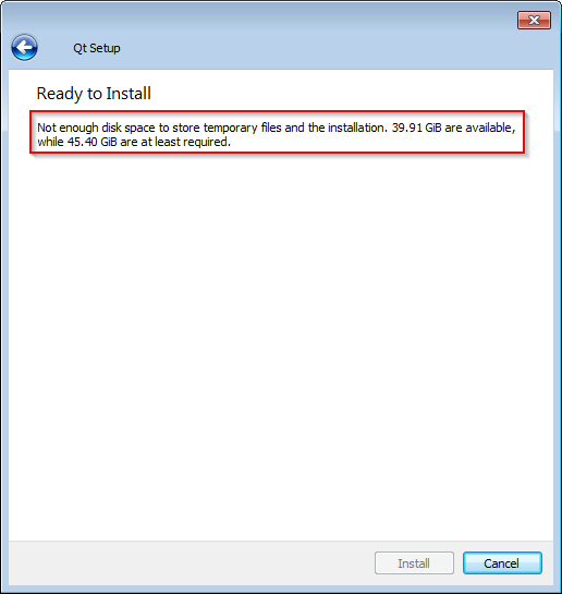 Screenshot of Qt Creator's Setup saying there is not enough disk space.