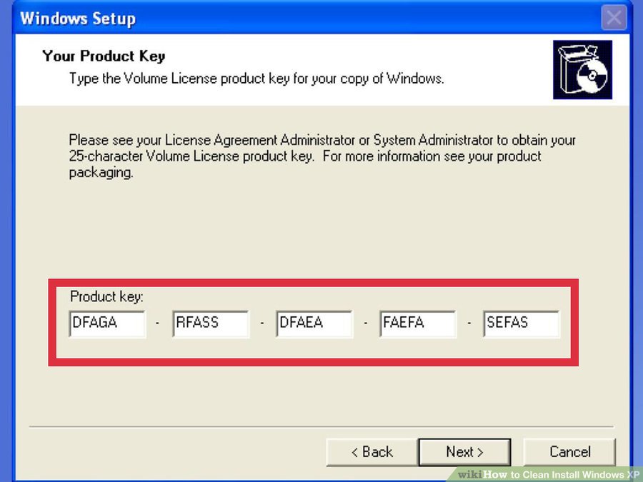 Windows XP product key dialog